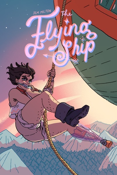 Flying Ship cover with one legged pirate swinging off ship.