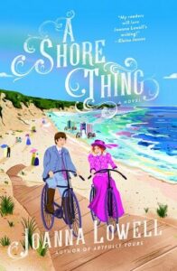 A Shore Thing cover featuring a Victorian man and woman riding bicycles by the sea.
