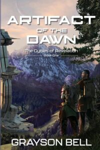 Artifact of the Dawn cover image - shows two human like beings looking out across a valley with a futuristic building in the foreground and snowy mountains in the background
