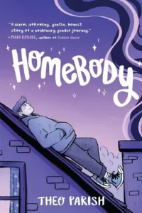 Homebody cover- Young adult reclined on a roof, looking at the stars