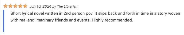 Screenshot of a review by The Librarian that has 5 stars followed by the text: "Short lyrical novel written in 2nd person pov. It slips back and forth in time in a story woven with real and imaginary friends and events. Highly recommended."
