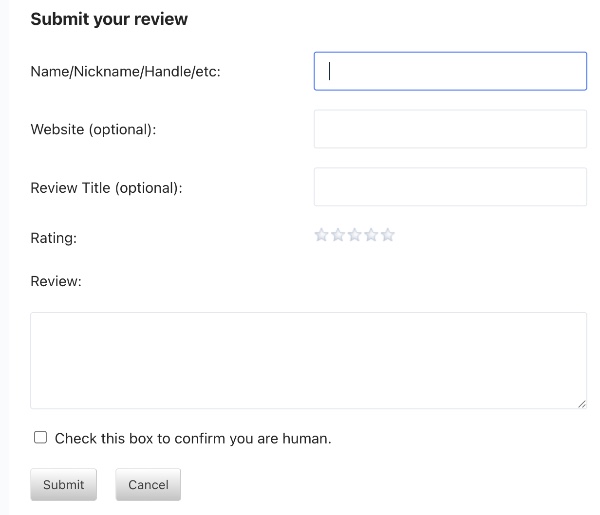 Screenshot of the review form, with the fields discussed above.
